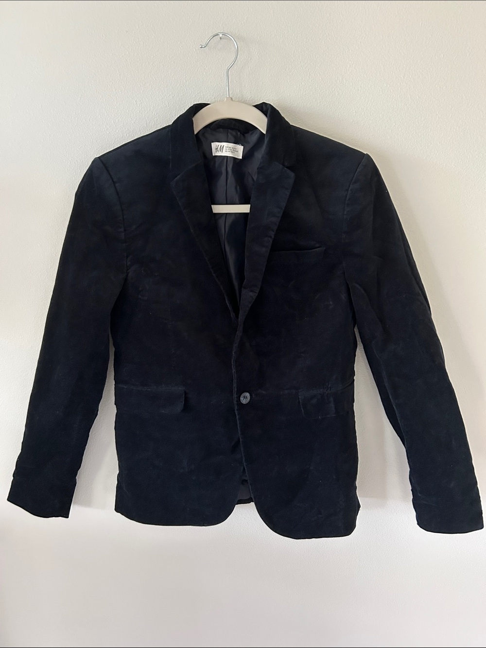 H&M Dark Navy Boys Single-Button Navy Velvet Blazer Size 12-13